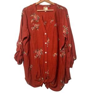 Anthropologie Fig & Flower 2X Rust Embroidered Floral Button Front Boho Top